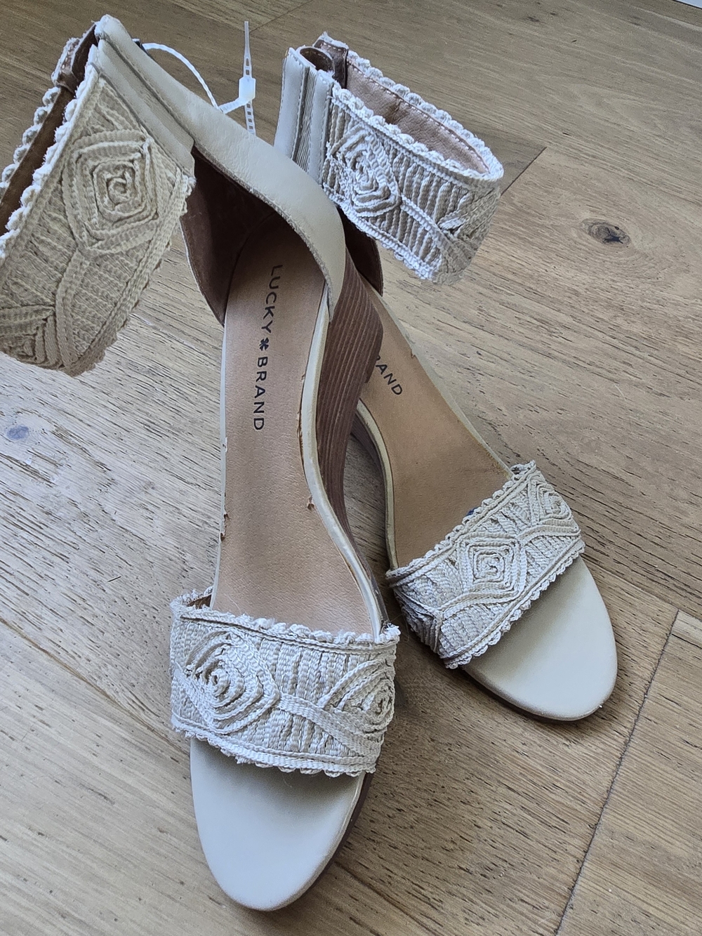 Lucky Brand Women's Beige Embroidered Ankle-Wrap Sandals 7.5